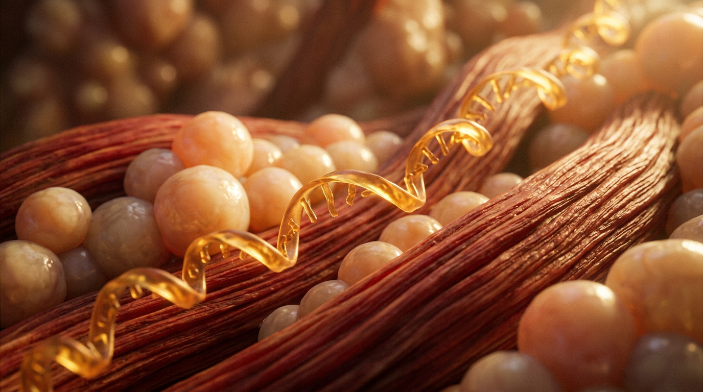 Editorial peptide research illustration for Tesamorelin and the Lean Mass Question