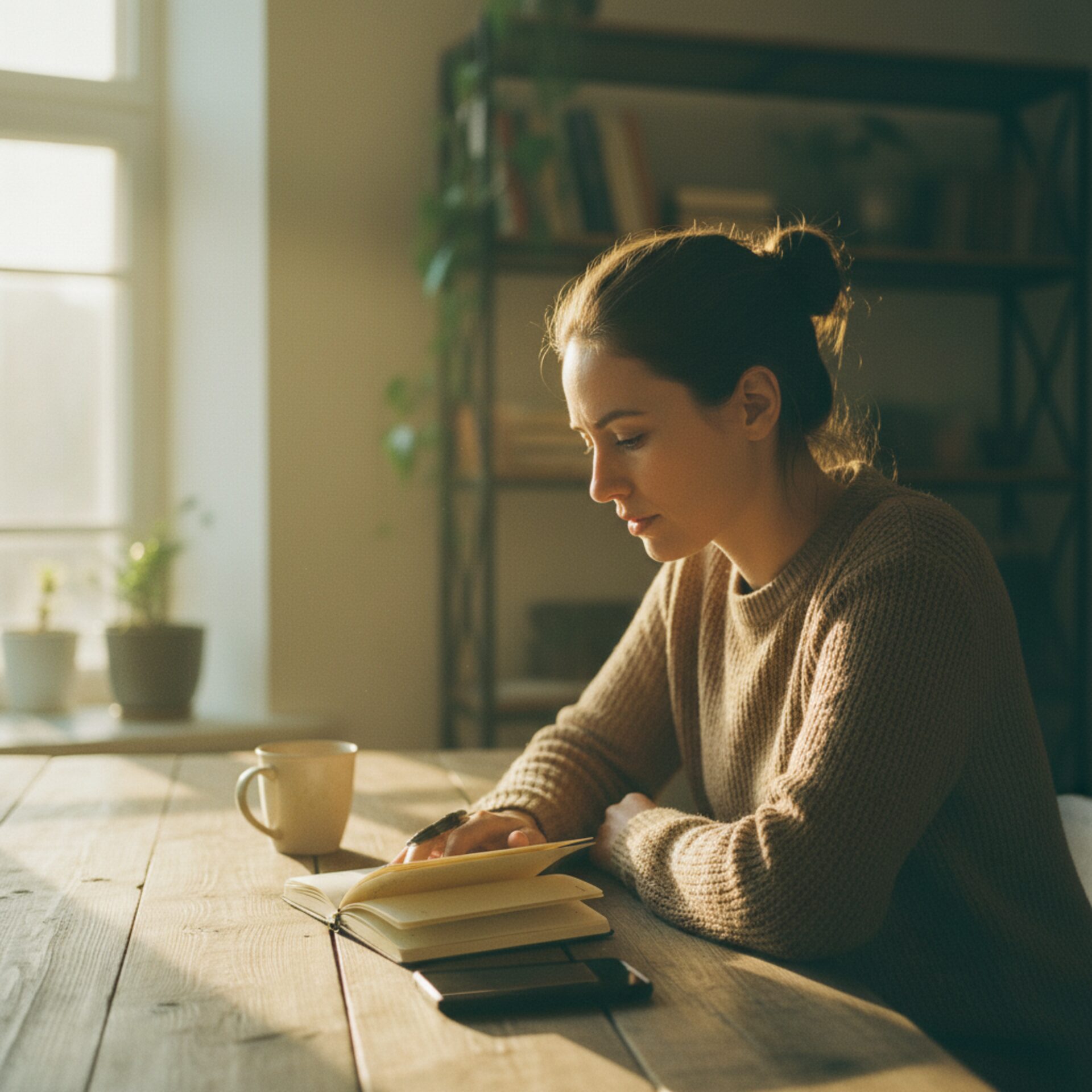 Person journaling next to a phone in warm morning light