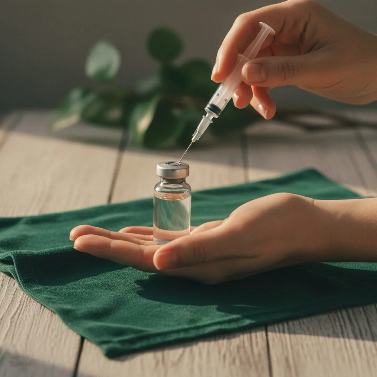 Peptide reconstitution calculator, pre-filled defaults per compound Hand holding a vial and insulin syringe over a forest-green cloth