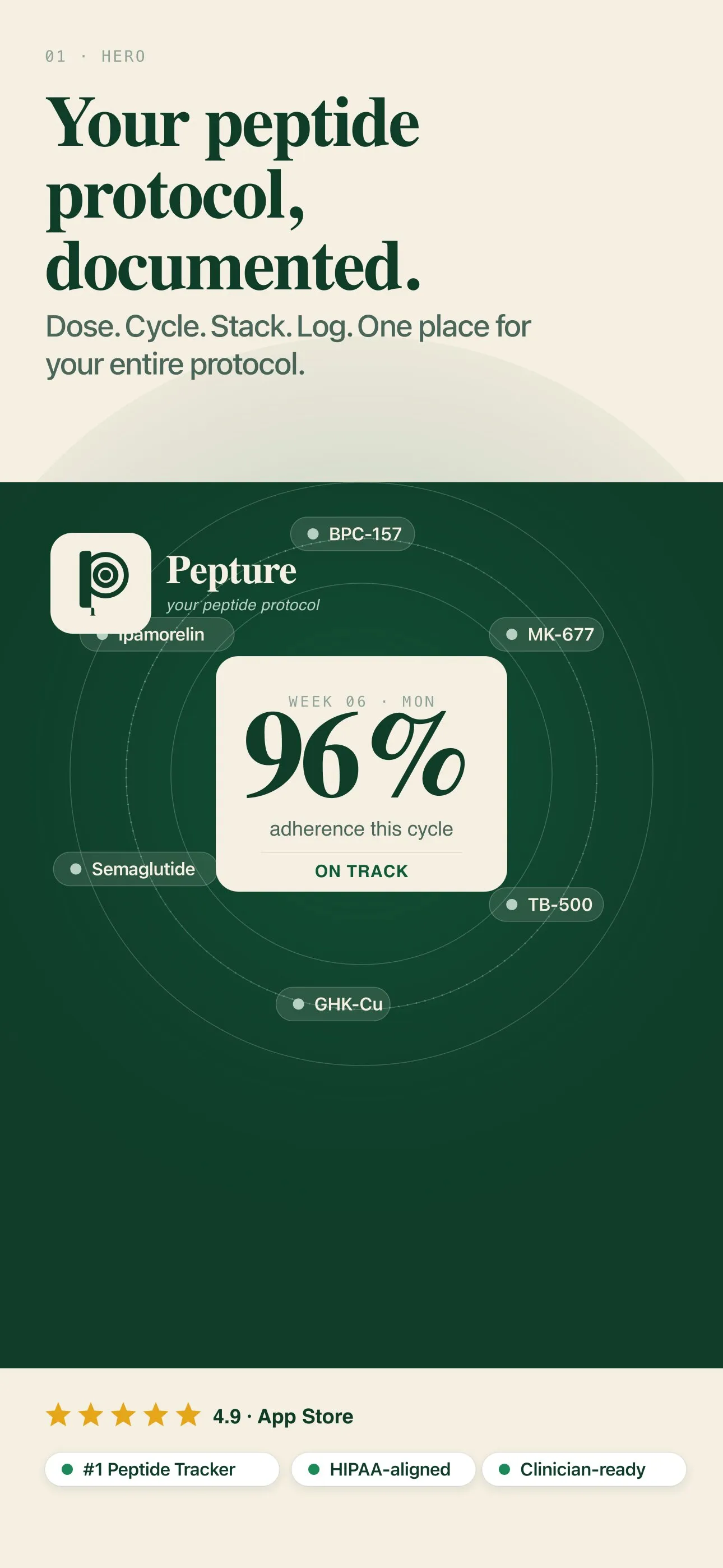 Pepture home screen with active peptide stack and dose timeline